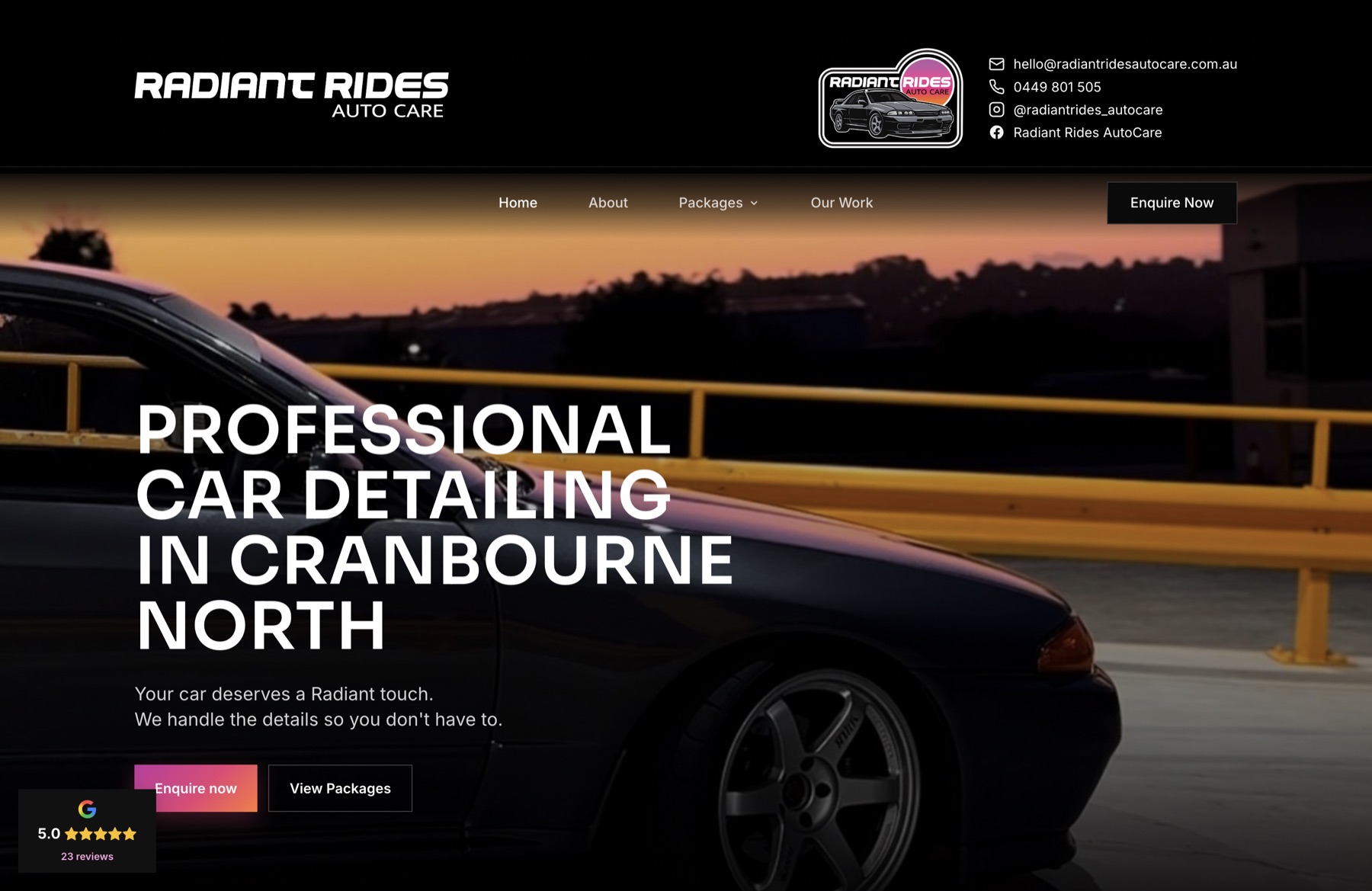 Radiant Rides AutoCare website - professional car detailing in Cranbourne North